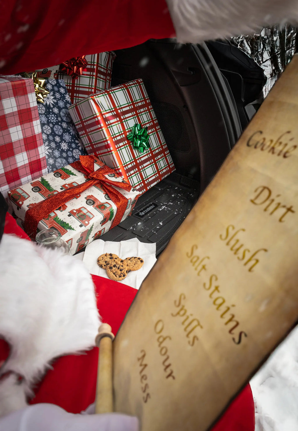 Trunk of a car filled with Christmas presents and a wooden sign with humorous text.