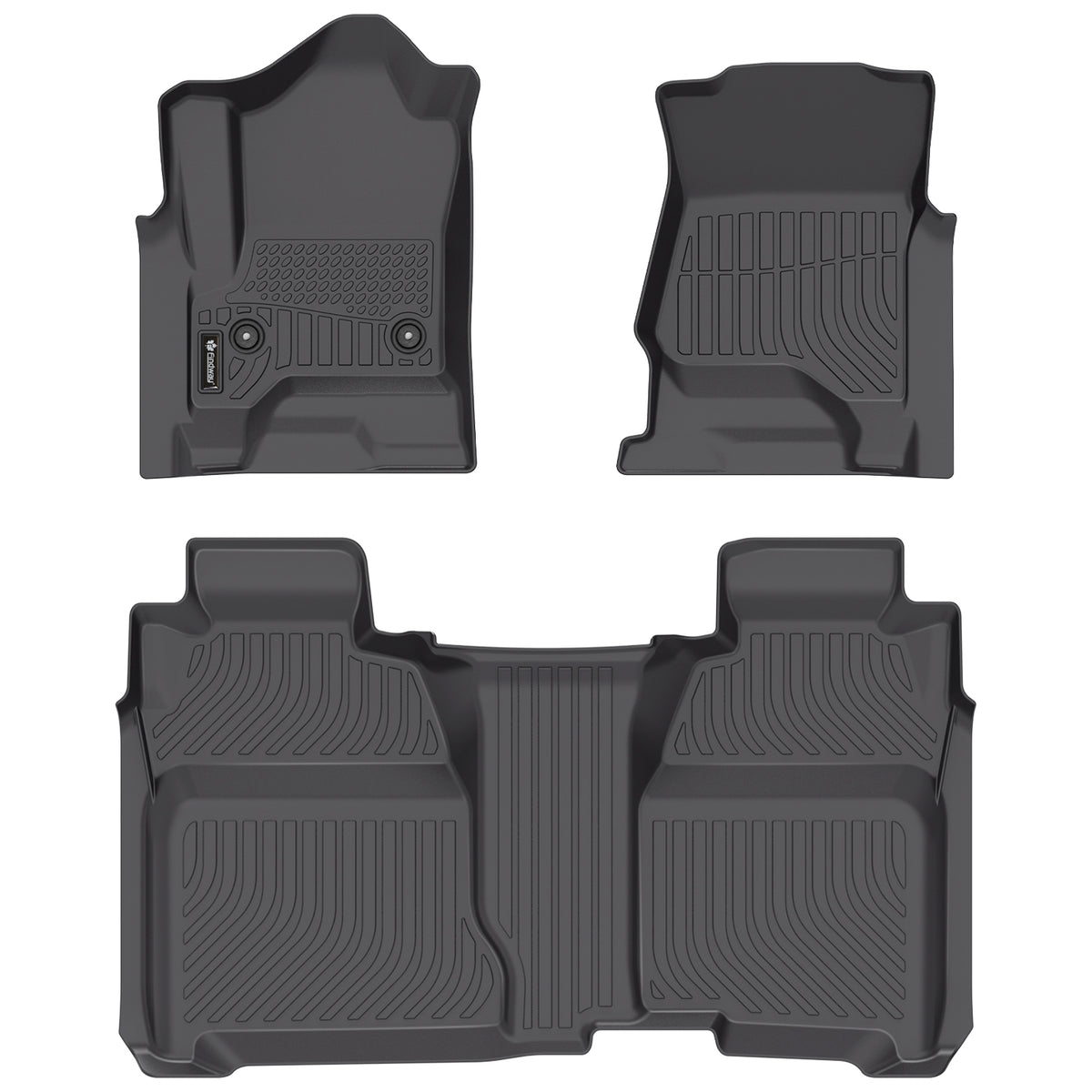 Findway car floor mats with a Findway logo for Chevrolet Silverado 1500 Crew Cab and GMC Sierra 1500 Crew Cab on a white background