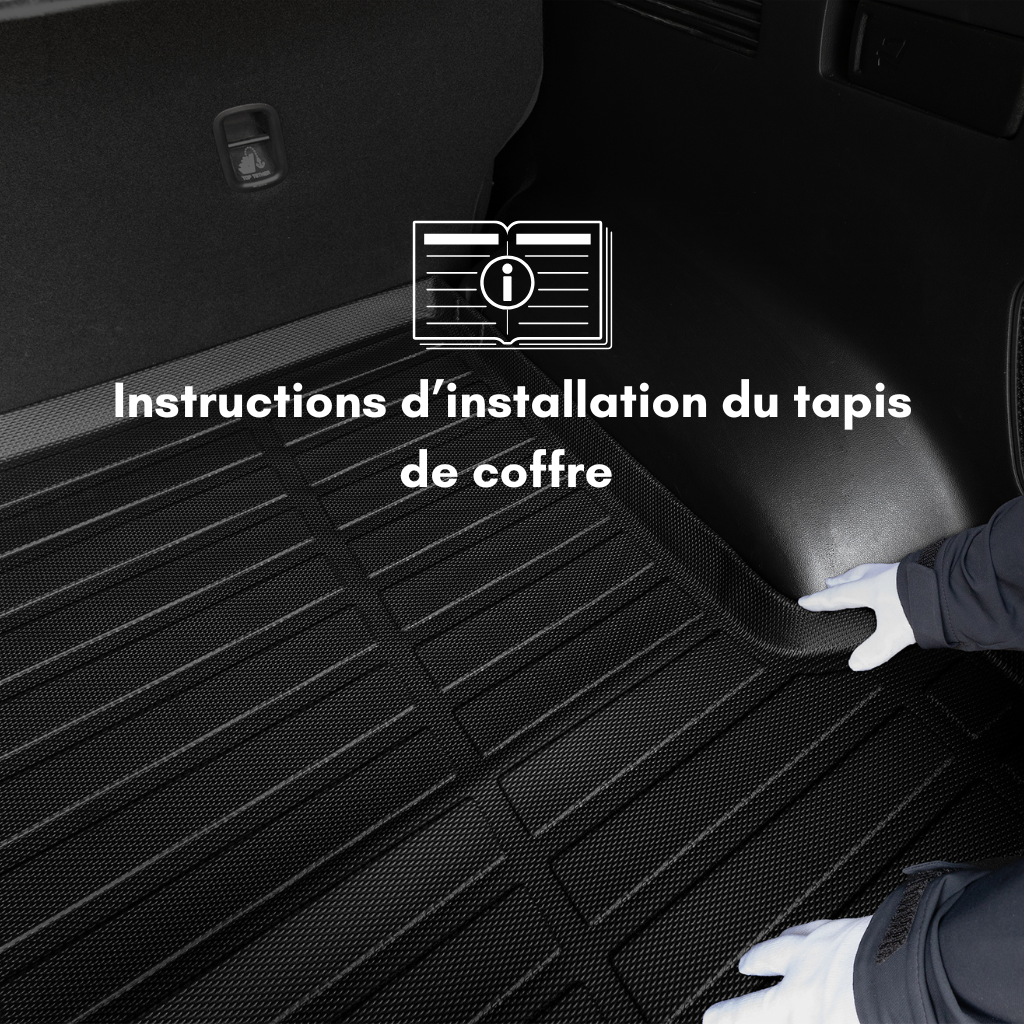Person installing a Findway trunk mat with text indicating installation instructions.