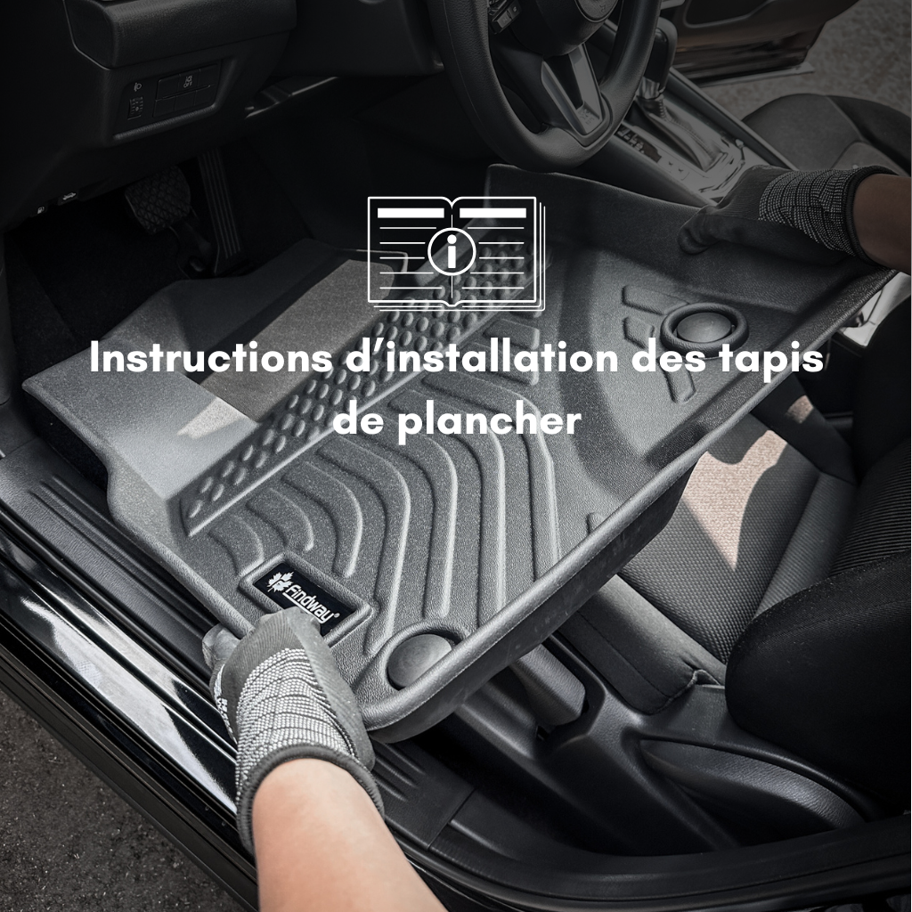 Person installing Findway car floor mats with text on installation instructions.