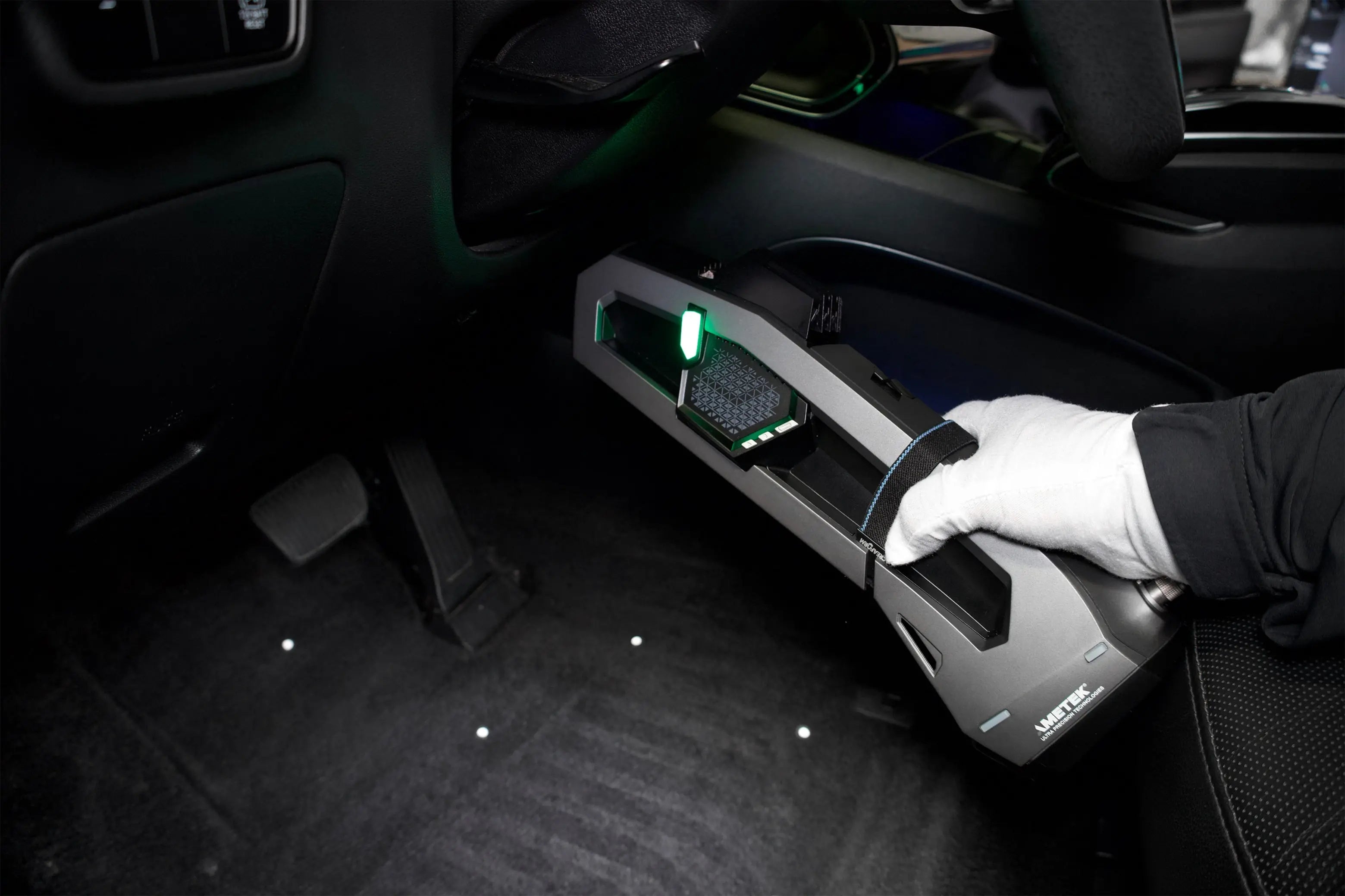 3D scanning process capturing precise vehicle floor measurements for custom-fit design